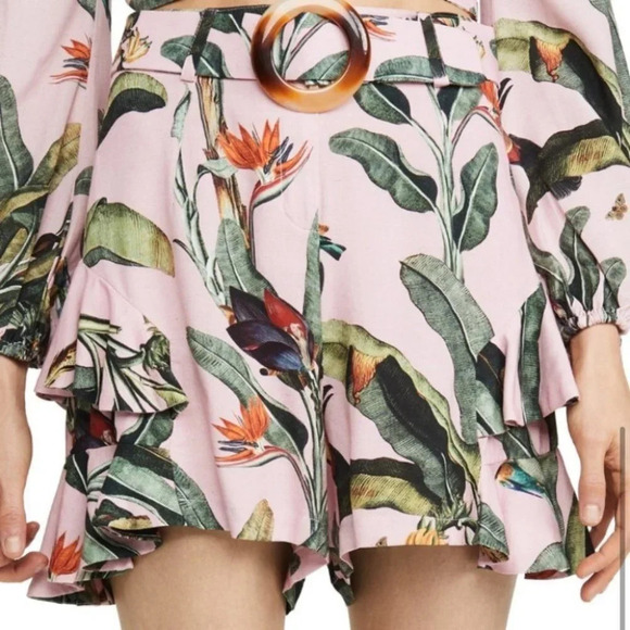NWT PatBo Tropical Print Shorts Ruffle Tortoise Belt High Rise Pink Women's 12 - Picture 3 of 13